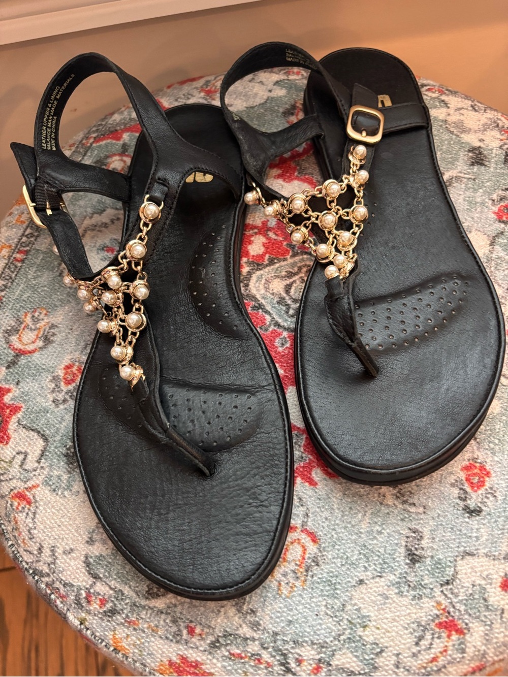 Black Pearl-Accent T-Strap Sandals - Coach